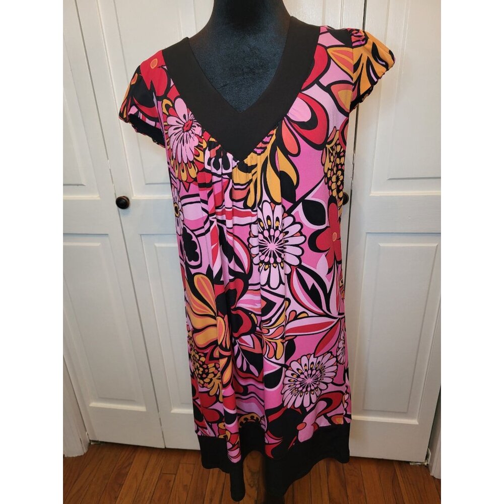 Lizzatti  Bright Pink Retro Floral Shift Dress Puff Sleeves 8 Twee Boho 60s 70s
